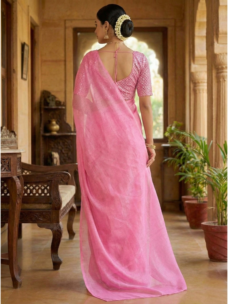 Pink Rasmalai Silk Saree with Contrast Sequins Net Embroidered Blouse
