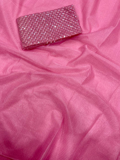 Pink Rasmalai Silk Saree with Contrast Sequins Net Embroidered Blouse