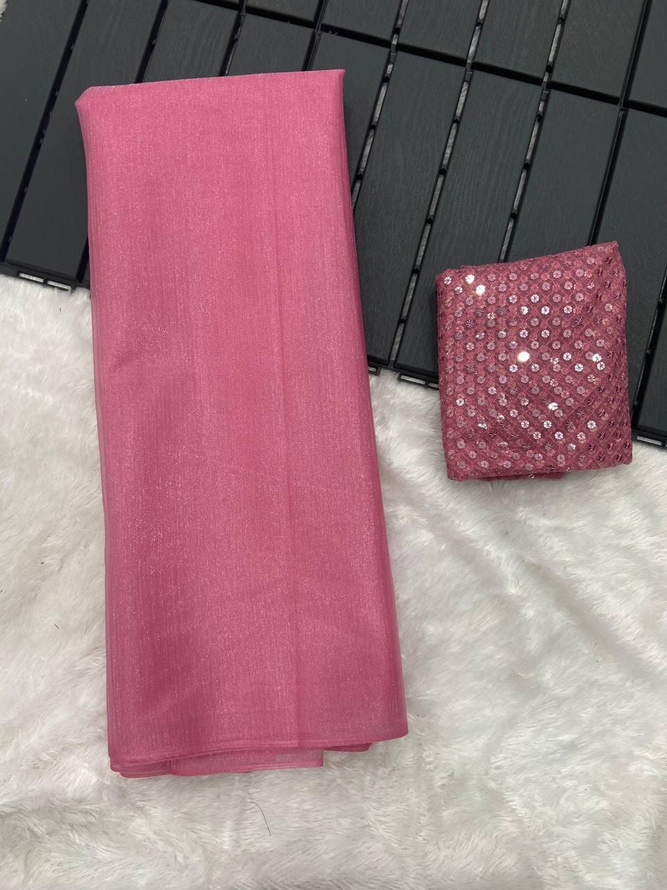 Pink Rasmalai Silk Saree with Contrast Sequins Net Embroidered Blouse