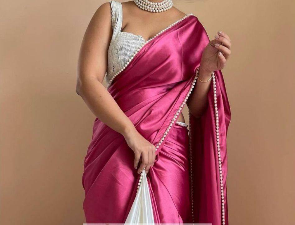 Pink Satin Saree with Moti Lace Border and White Blouse