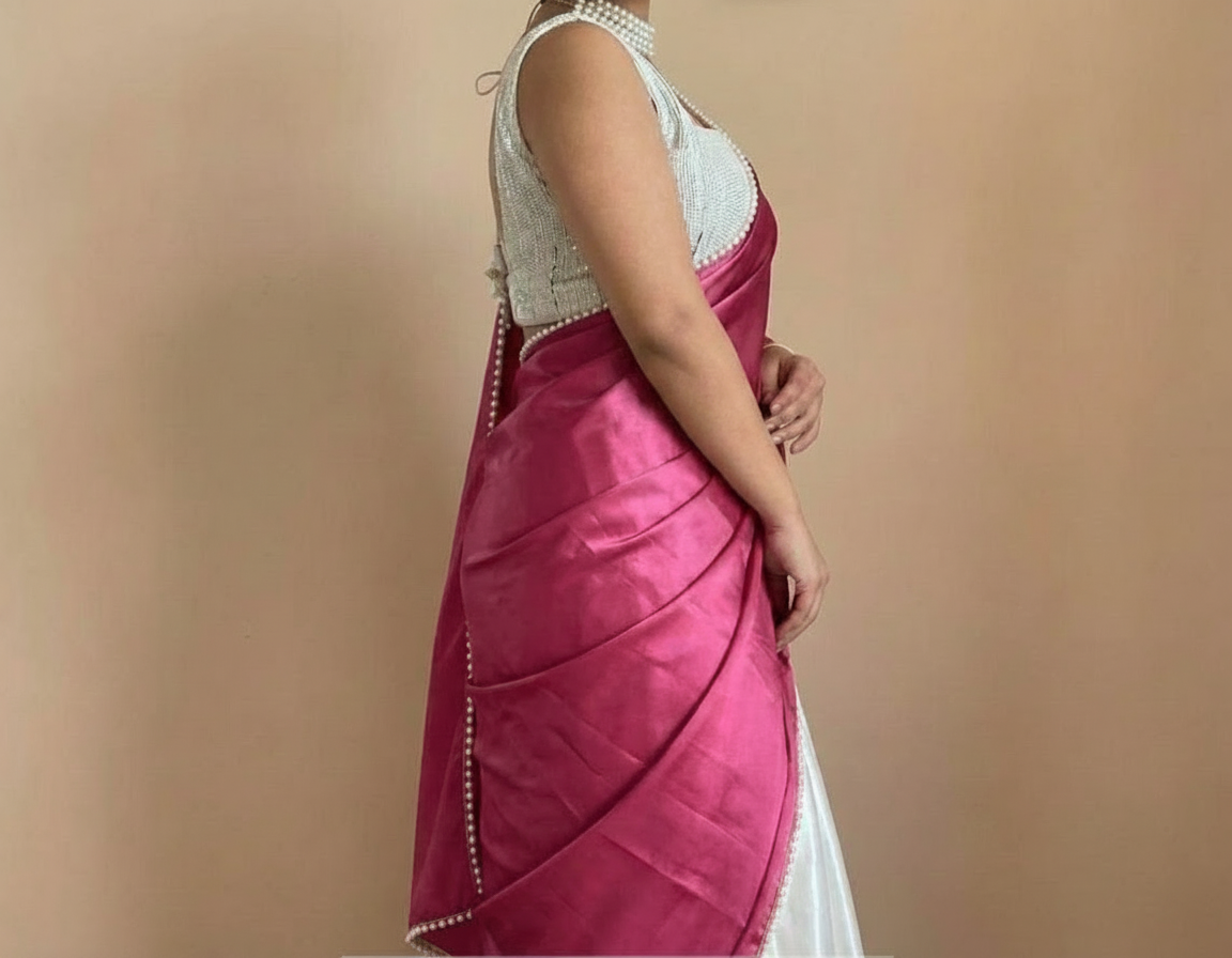 Pink Satin Saree with Moti Lace Border and White Blouse