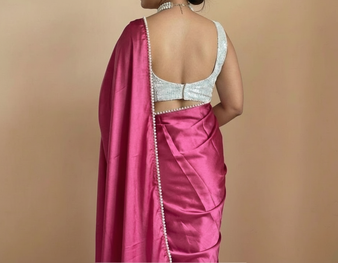 Pink Satin Saree with Moti Lace Border and White Blouse