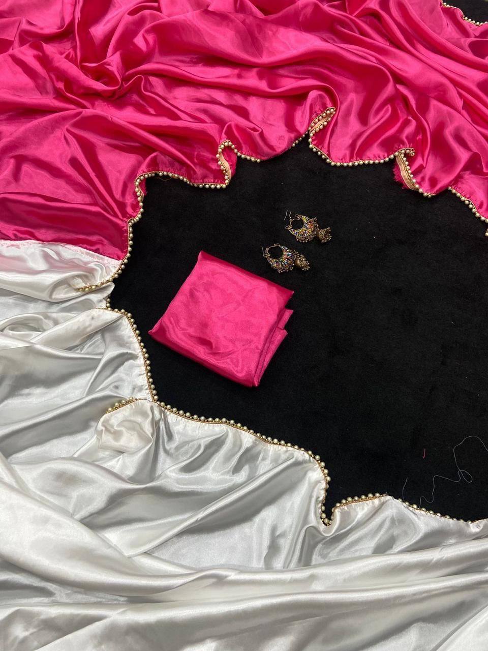 Pink Satin Saree with Moti Lace Border and White Blouse