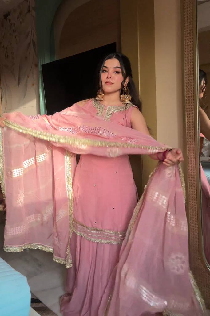 Pink Tabby Organza Kurta Sharara Suit and Dupatta For Festive wear