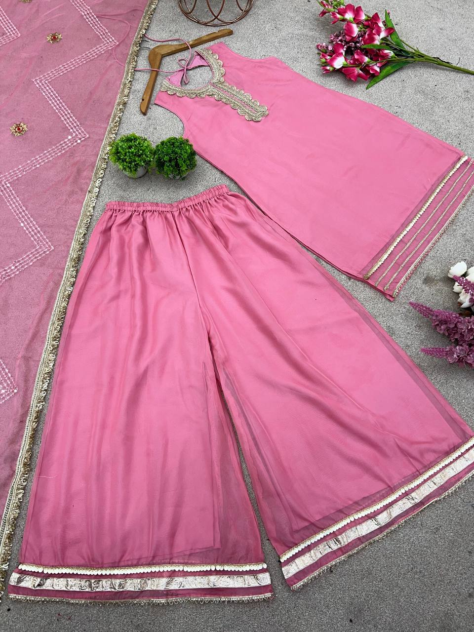 Pink Tabby Organza Kurta Sharara Suit and Dupatta For Festive wear