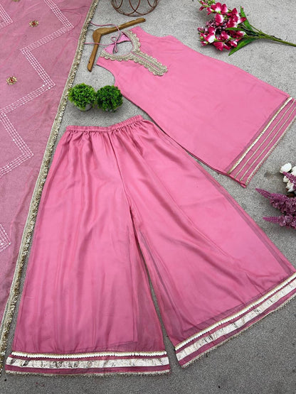 Pink Tabby Organza Kurta Sharara Suit and Dupatta For Festive wear