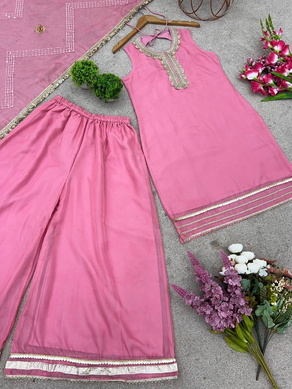 Pink Tabby Organza Kurta Sharara Suit and Dupatta For Festive wear