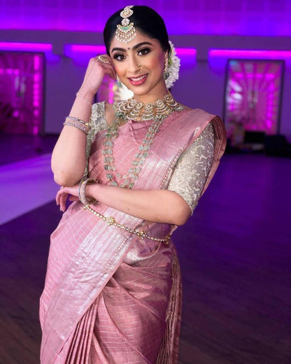 Pink Traditional Kanchipuram Silk Saree with Chex Design Woven Blouse