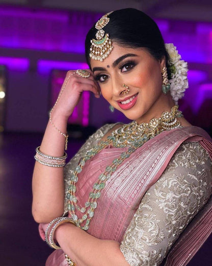 Pink Traditional Kanchipuram Silk Saree with Chex Design Woven Blouse