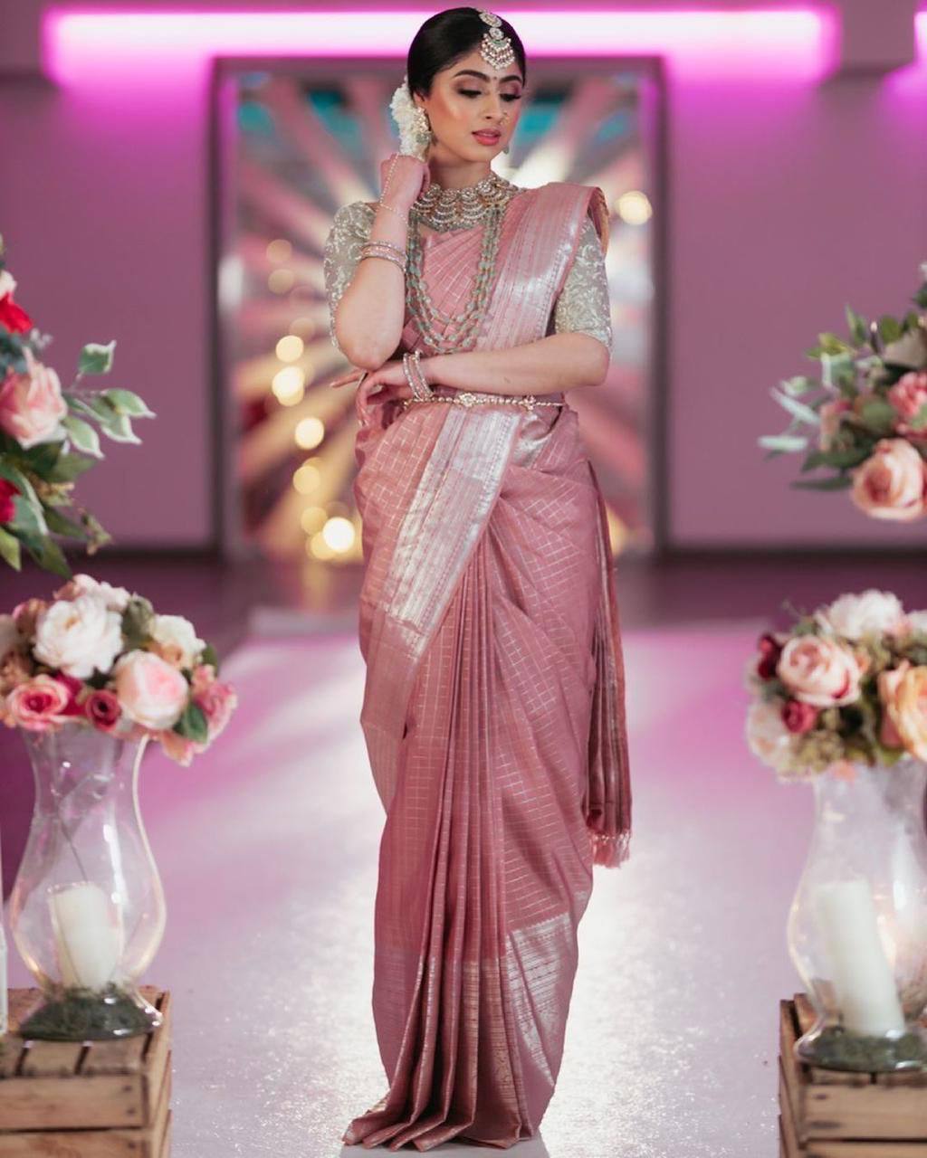 Pink Traditional Kanchipuram Silk Saree with Chex Design Woven Blouse