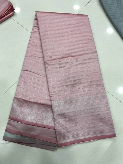 Pink Traditional Kanchipuram Silk Saree with Chex Design Woven Blouse