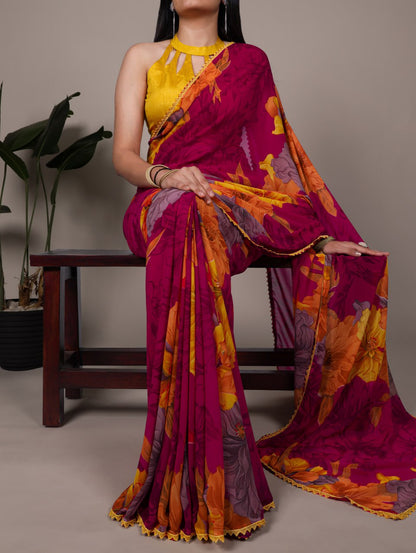 Pink Weightless Marble Floral Printed Saree with Banglory Blouse