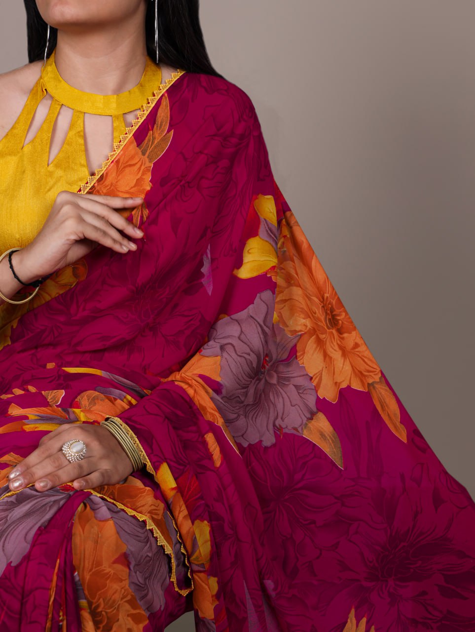 Pink Weightless Marble Floral Printed Saree with Banglory Blouse