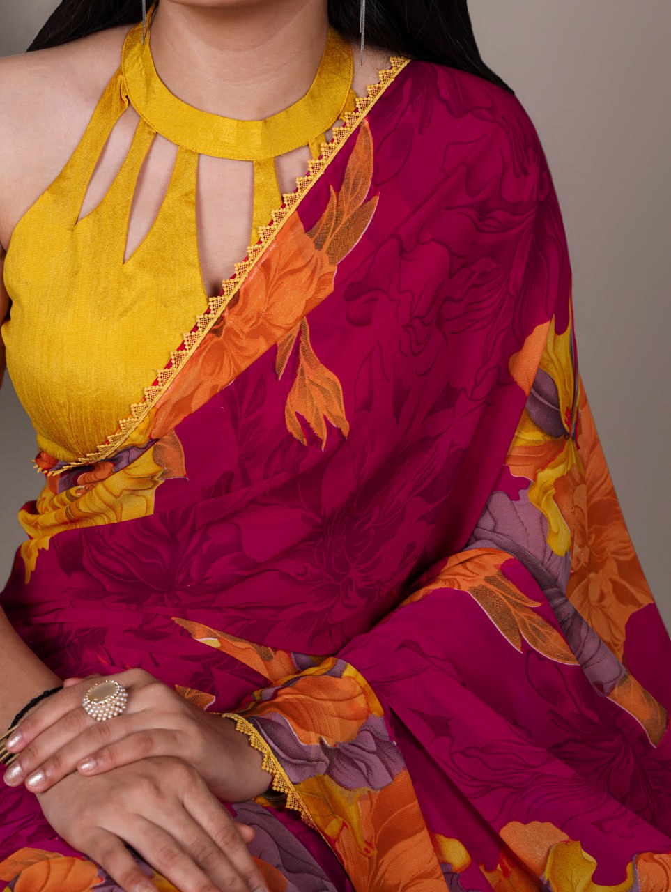 Pink Weightless Marble Floral Printed Saree with Banglory Blouse