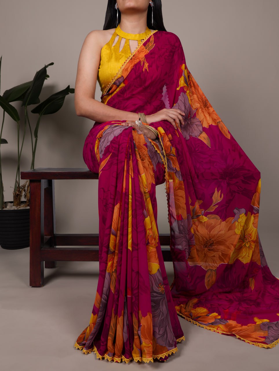 Pink Weightless Marble Floral Printed Saree with Banglory Blouse