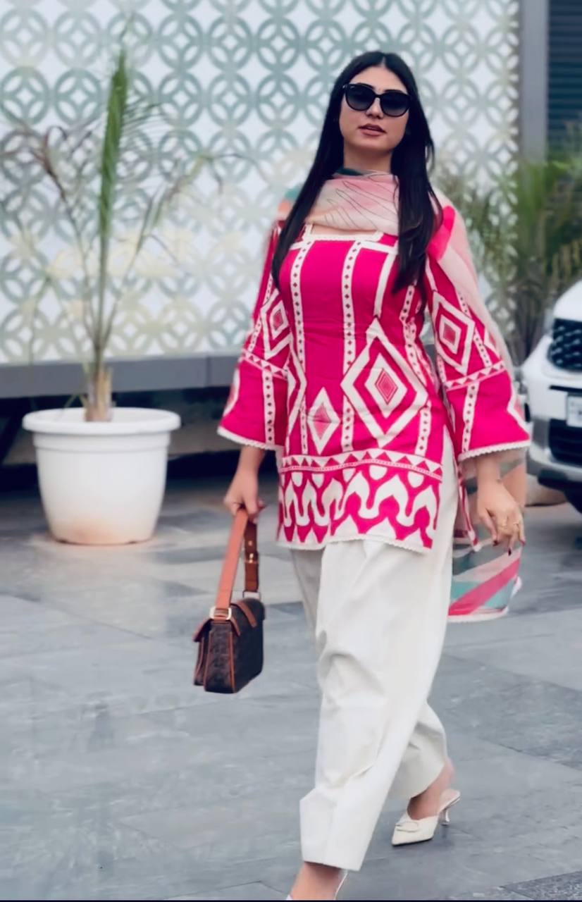 Pink & White Designer Natural Crepe Print Plazzo Top and Dupatta
