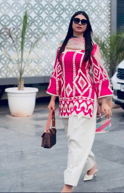 Pink & White Designer Natural Crepe Print Plazzo Top and Dupatta