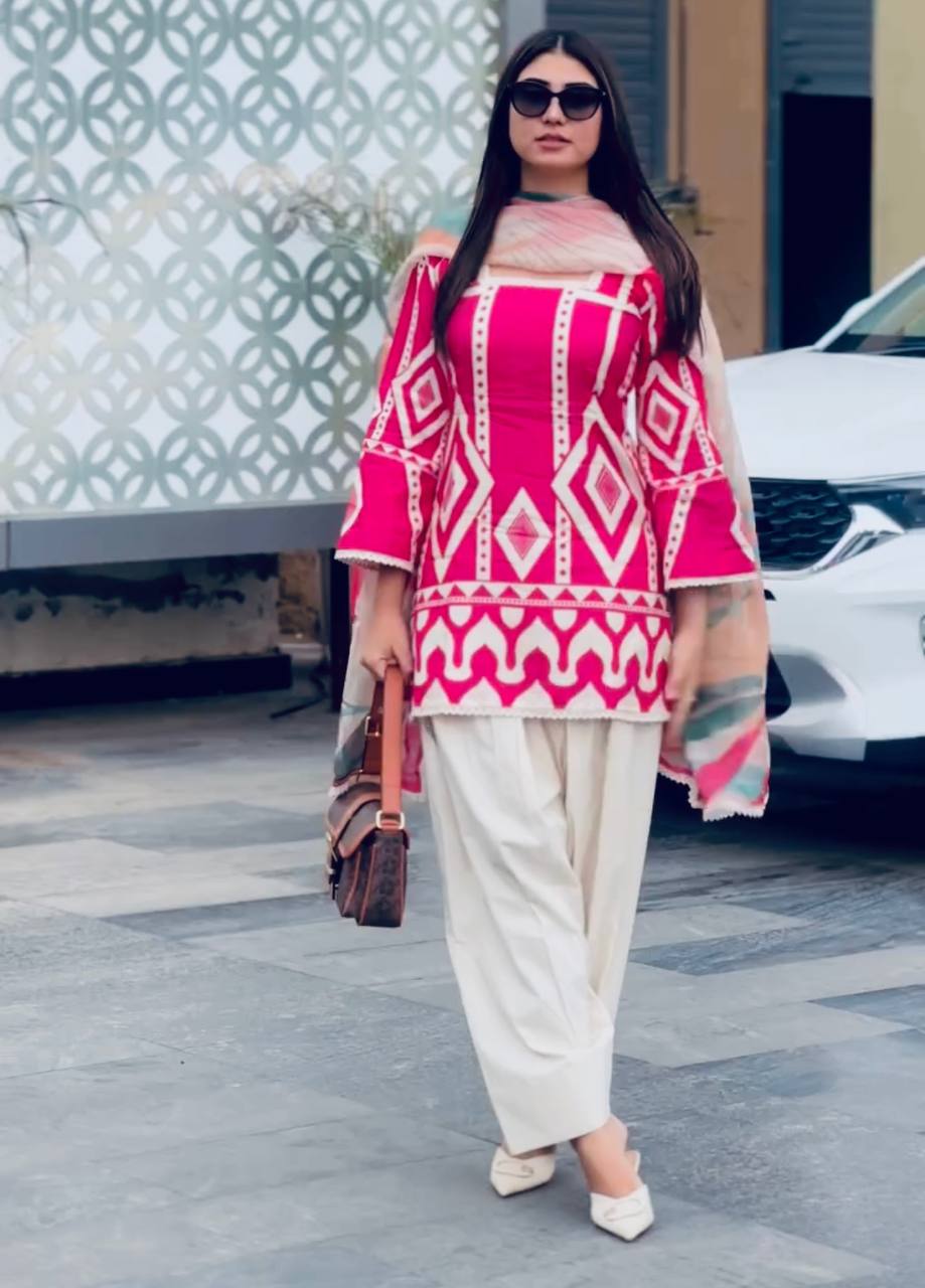 Pink & White Designer Natural Crepe Print Plazzo Top and Dupatta