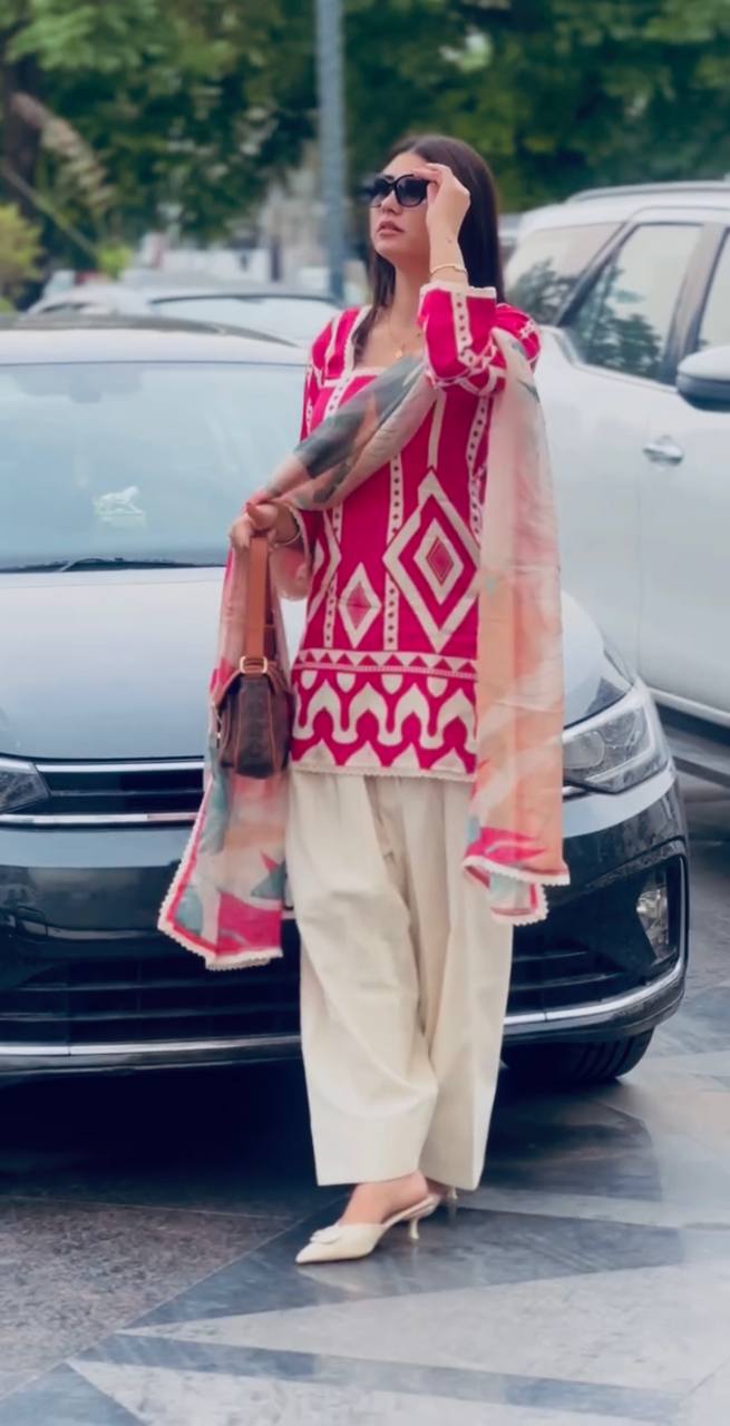 Pink & White Designer Natural Crepe Print Plazzo Top and Dupatta