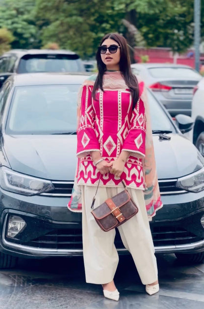 Pink & White Designer Natural Crepe Print Plazzo Top and Dupatta