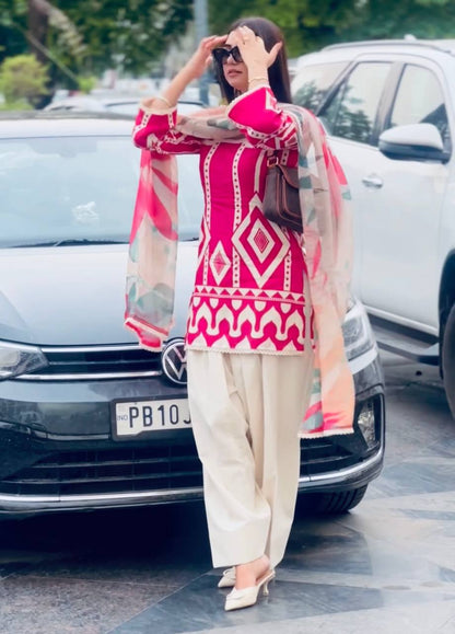 Pink & White Designer Natural Crepe Print Plazzo Top and Dupatta