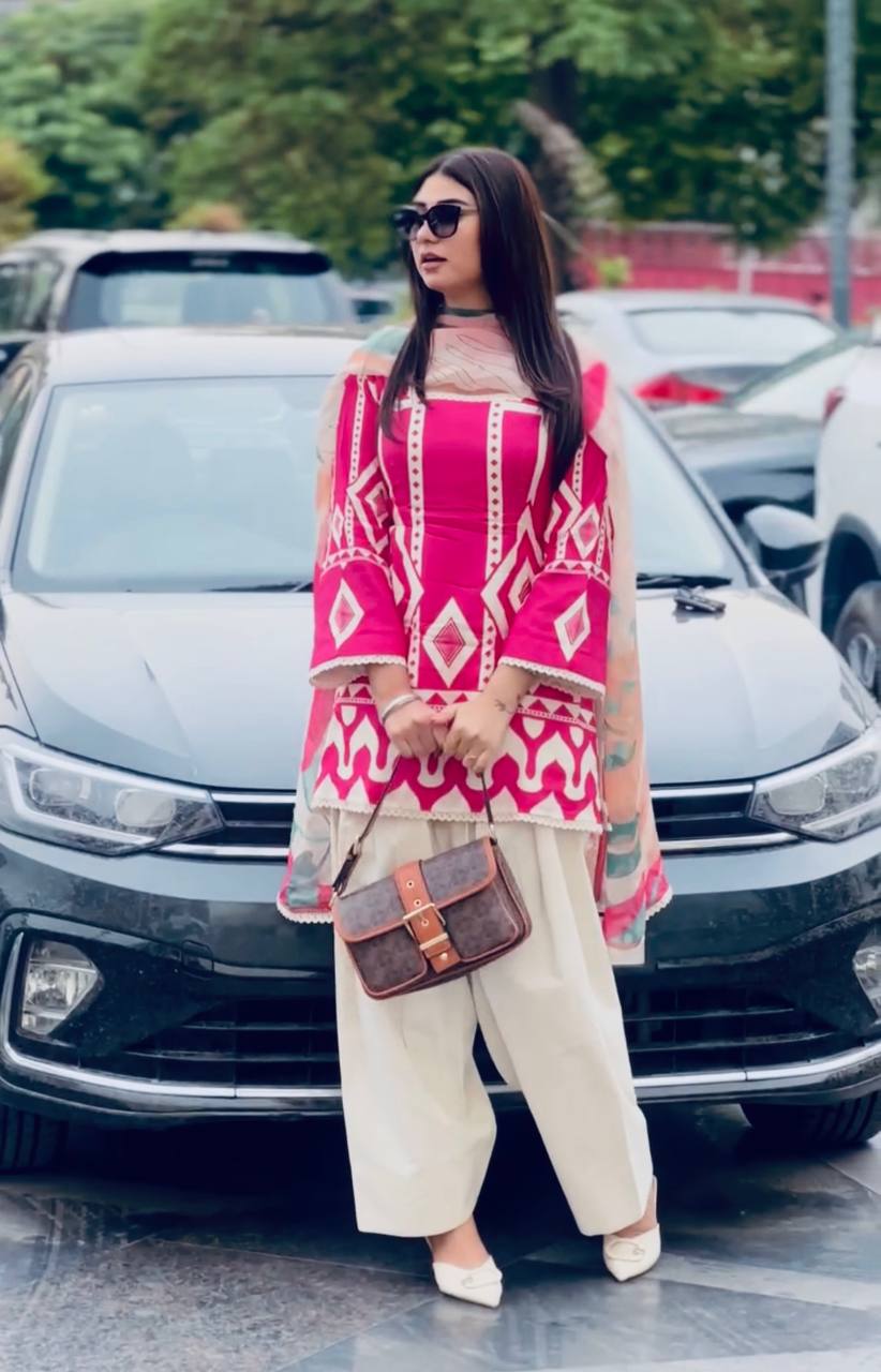 Pink & White Designer Natural Crepe Print Plazzo Top and Dupatta