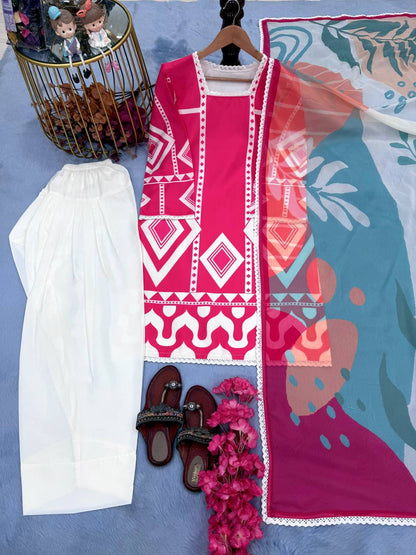 Pink & White Designer Natural Crepe Print Plazzo Top and Dupatta