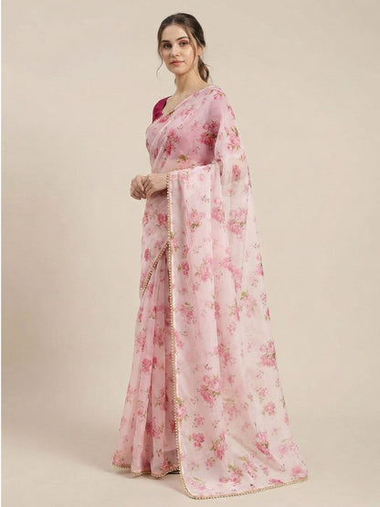 Pink & White Georgette Digital Print Saree with Moti Lace Border