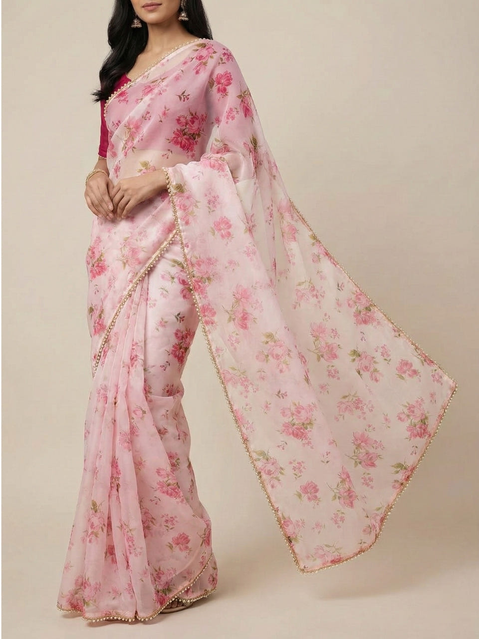 Pink & White Georgette Digital Print Saree with Moti Lace Border
