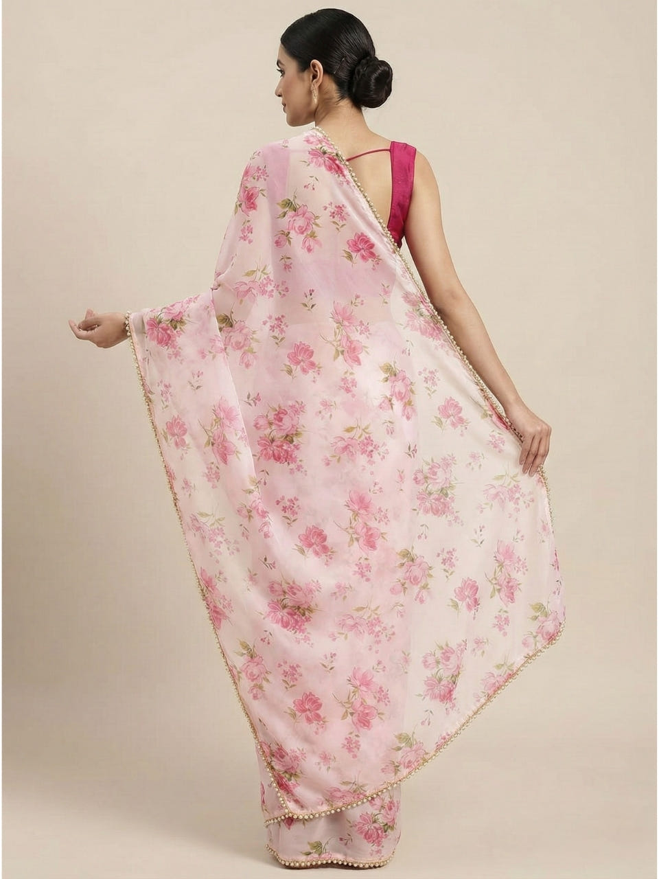 Pink & White Georgette Digital Print Saree with Moti Lace Border