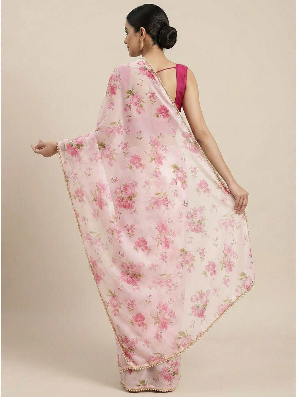 Pink & White Georgette Digital Print Saree with Moti Lace Border