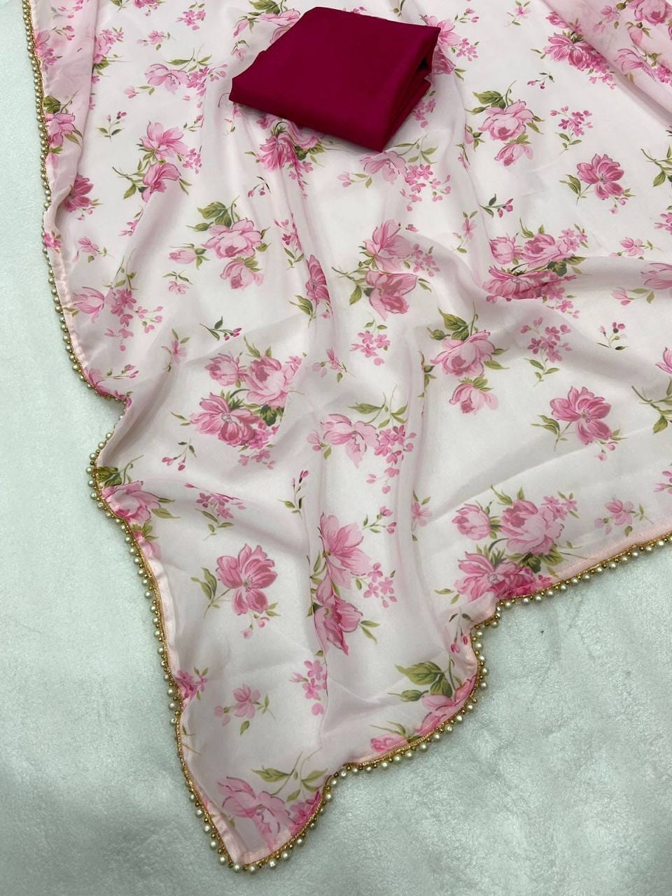 Pink & White Georgette Digital Print Saree with Moti Lace Border