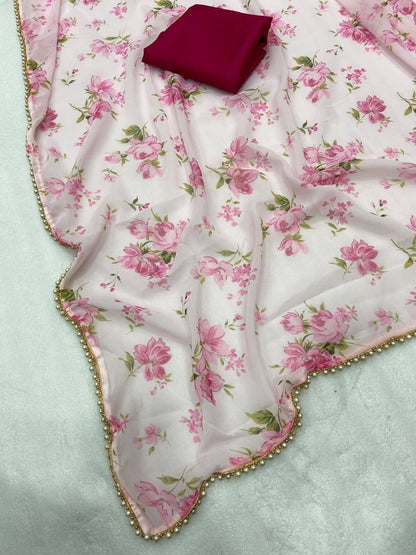 Pink & White Georgette Digital Print Saree with Moti Lace Border