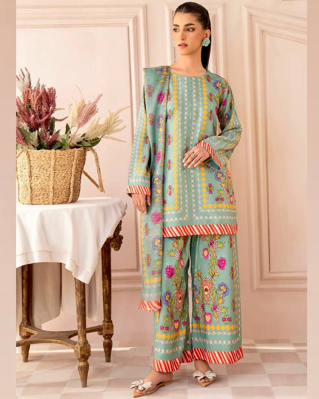 Pista Green Designer Natural Crepe Digital Print Plazzo Top and Dupatta