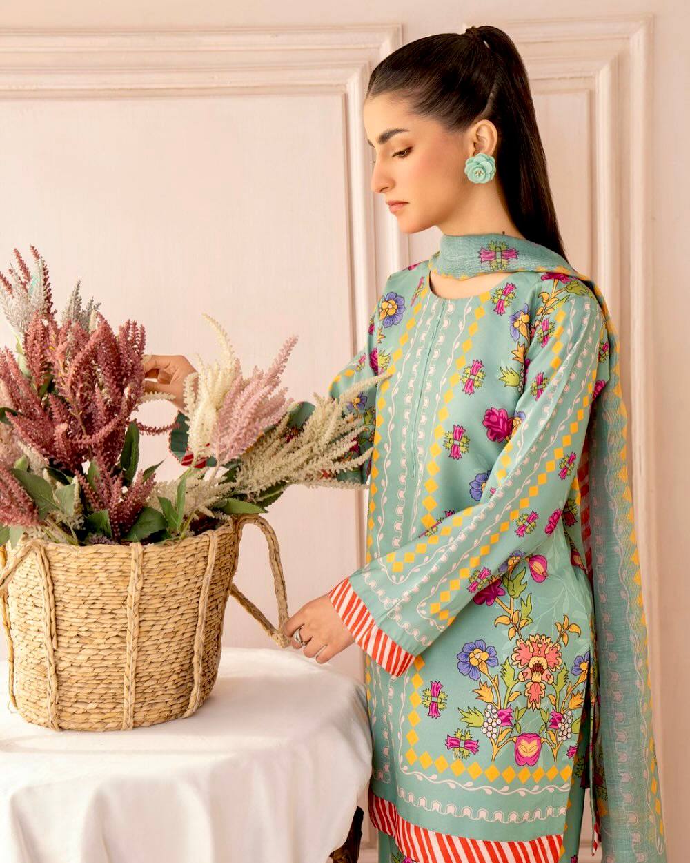Pista Green Designer Natural Crepe Digital Print Plazzo Top and Dupatta
