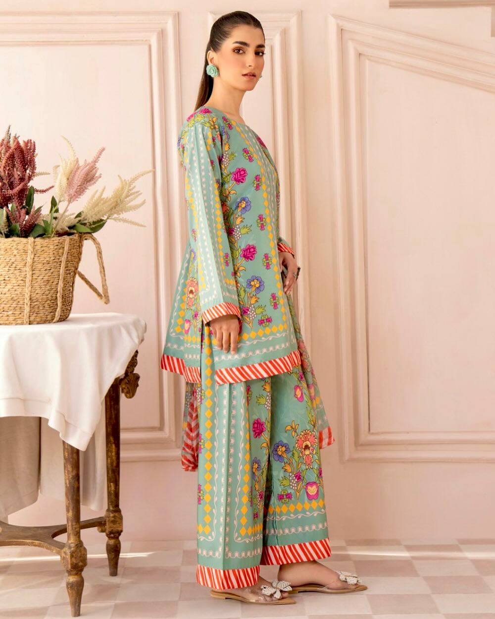 Pista Green Designer Natural Crepe Digital Print Plazzo Top and Dupatta