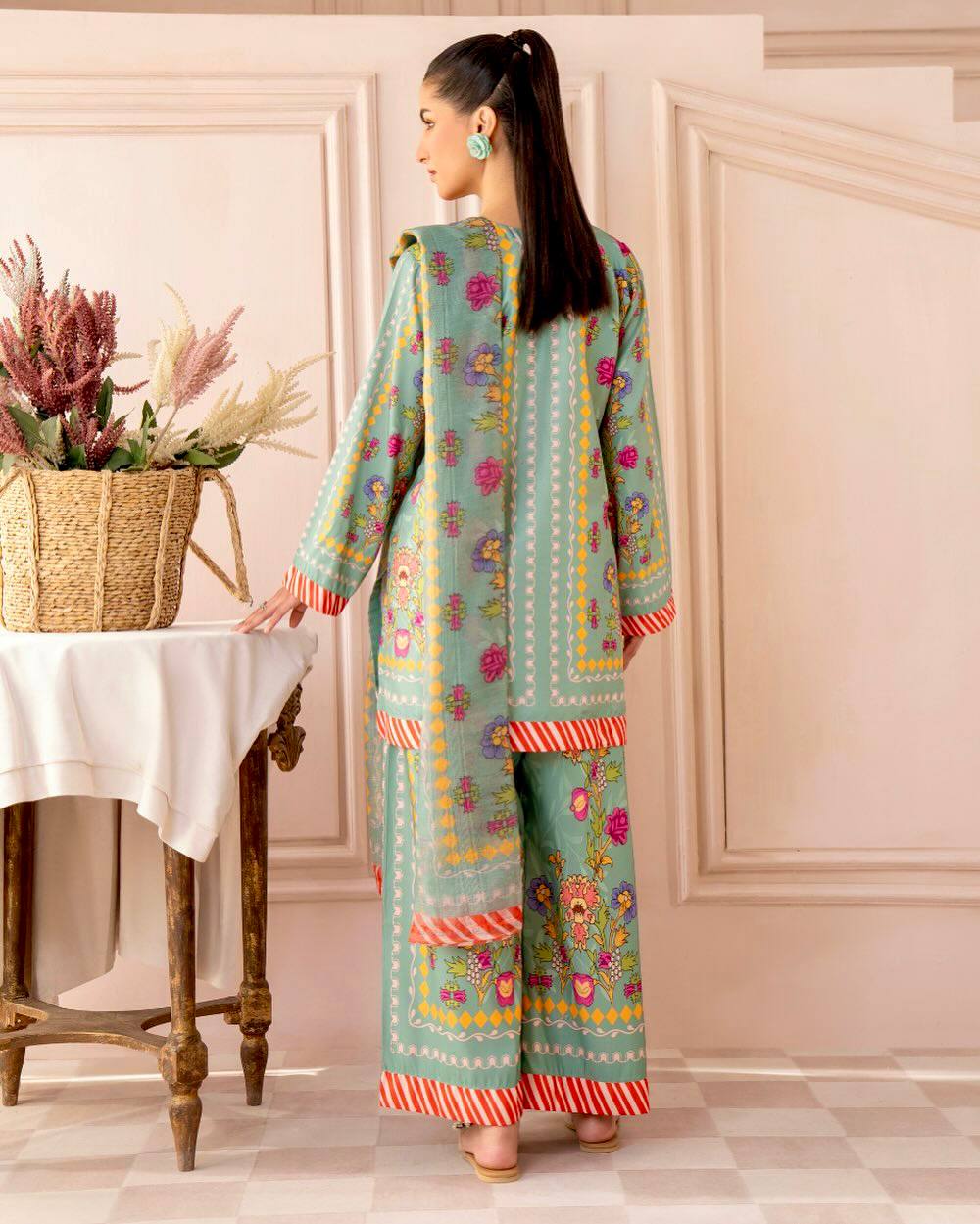 Pista Green Designer Natural Crepe Digital Print Plazzo Top and Dupatta