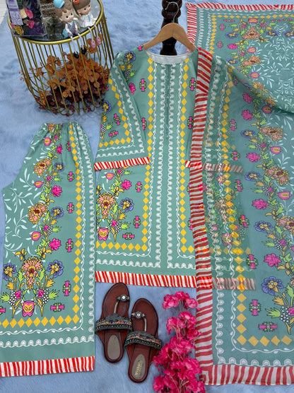 Pista Green Designer Natural Crepe Digital Print Plazzo Top and Dupatta