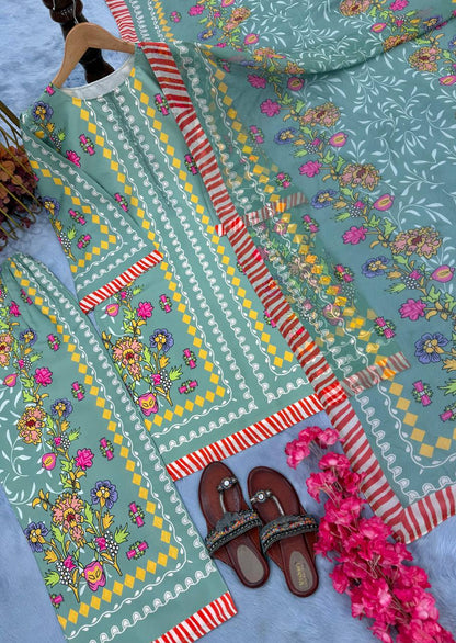 Pista Green Designer Natural Crepe Digital Print Plazzo Top and Dupatta