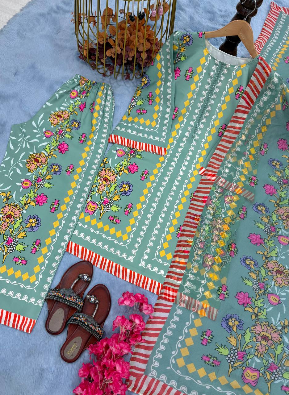 Pista Green Designer Natural Crepe Digital Print Plazzo Top and Dupatta