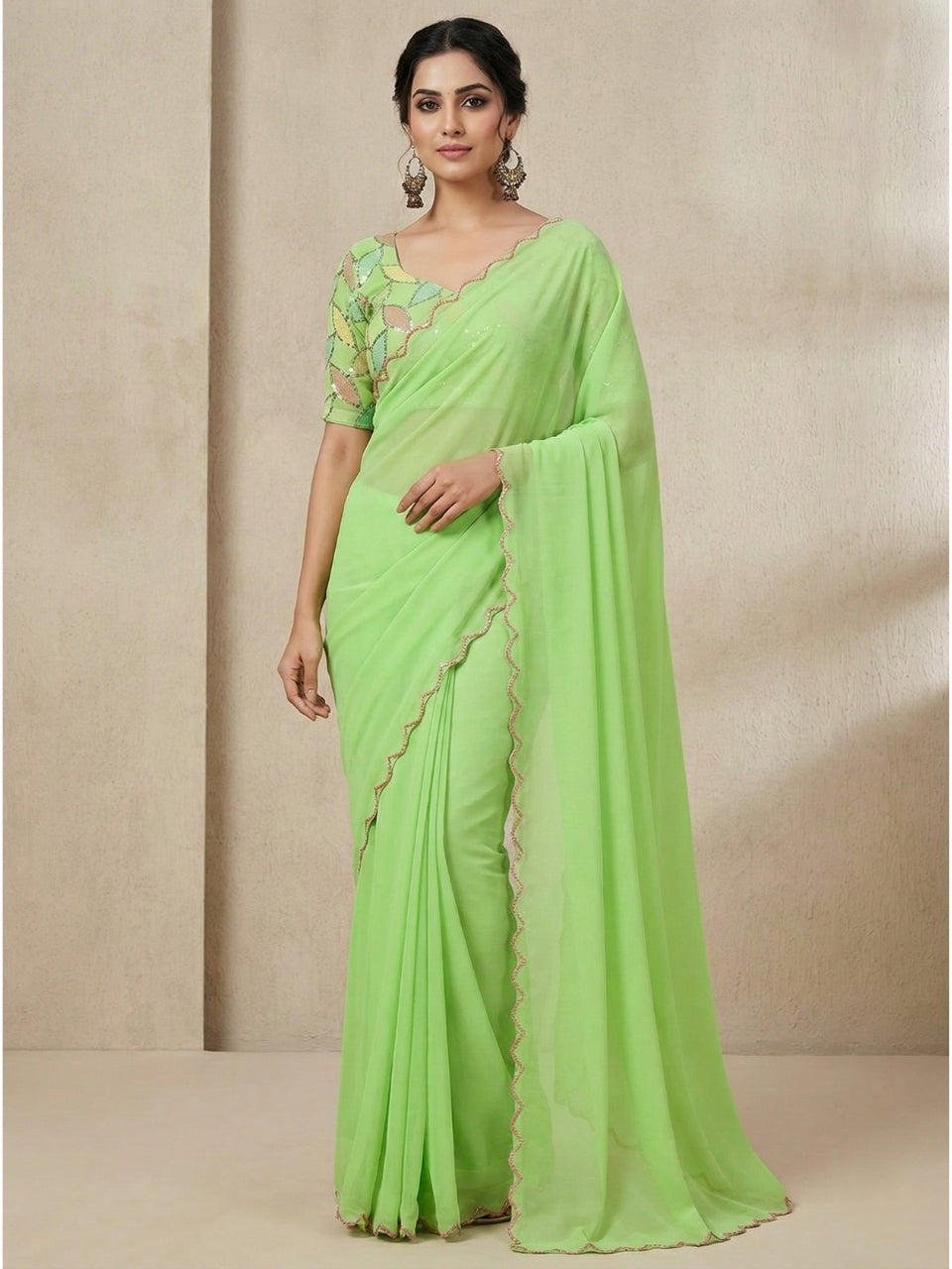 Pista Smooth Georgette Saree with Aari Border & Embroidery Blouse