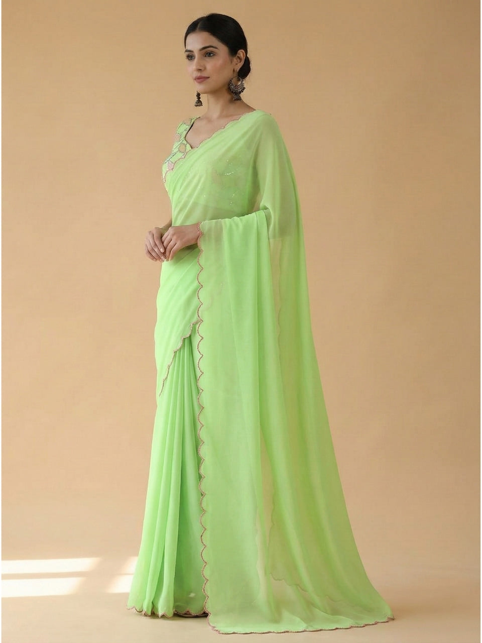 Pista Smooth Georgette Saree with Aari Border & Embroidery Blouse