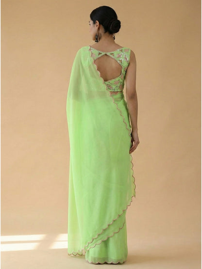 Pista Smooth Georgette Saree with Aari Border & Embroidery Blouse