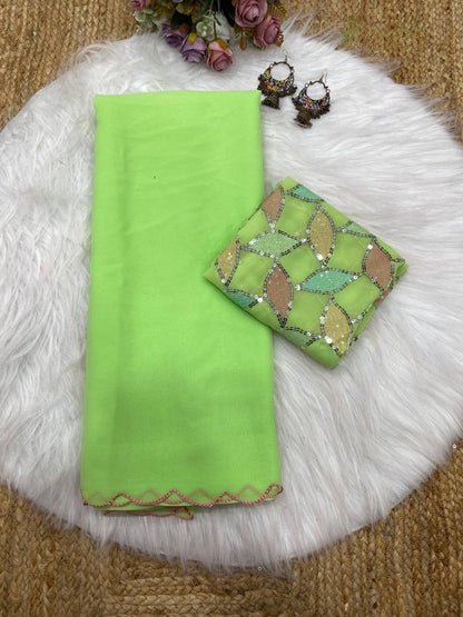 Pista Smooth Georgette Saree with Aari Border & Embroidery Blouse