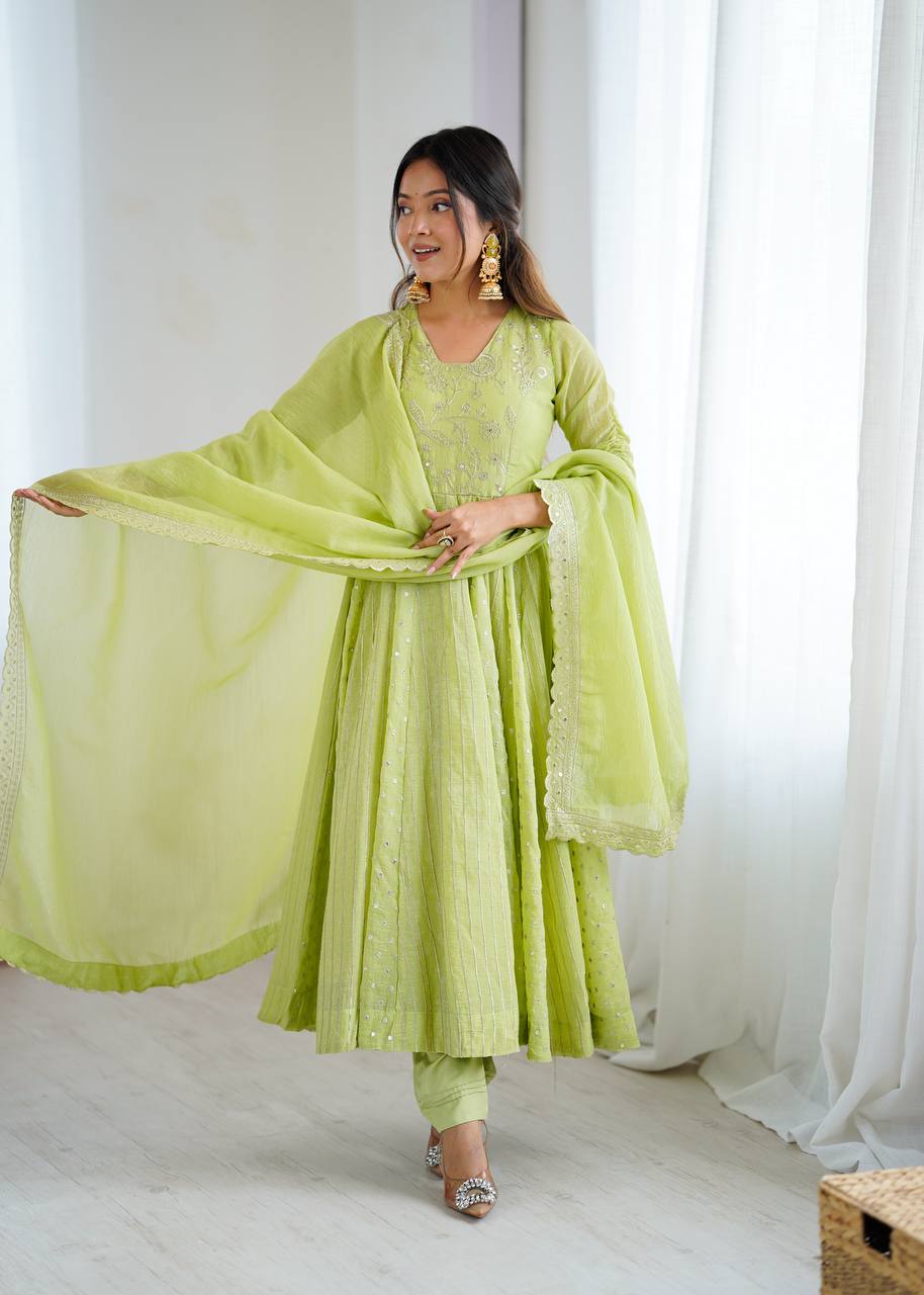 Pistachio Green Designer Crunchy Silk Anarkali Gown and Dupatta