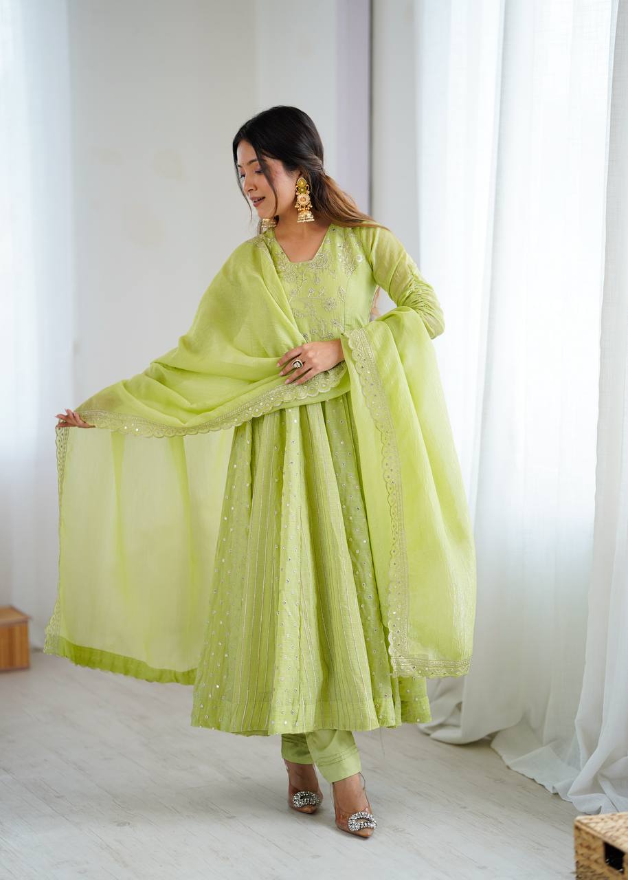 Pistachio Green Designer Crunchy Silk Anarkali Gown and Dupatta