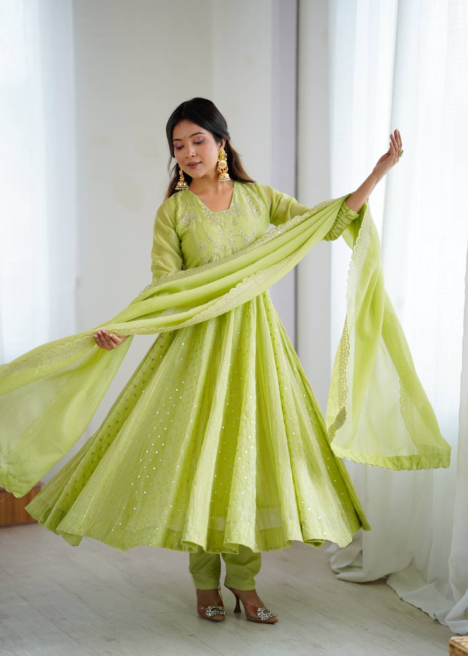 Pistachio Green Designer Crunchy Silk Anarkali Gown and Dupatta