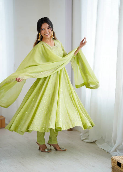 Pistachio Green Designer Crunchy Silk Anarkali Gown and Dupatta