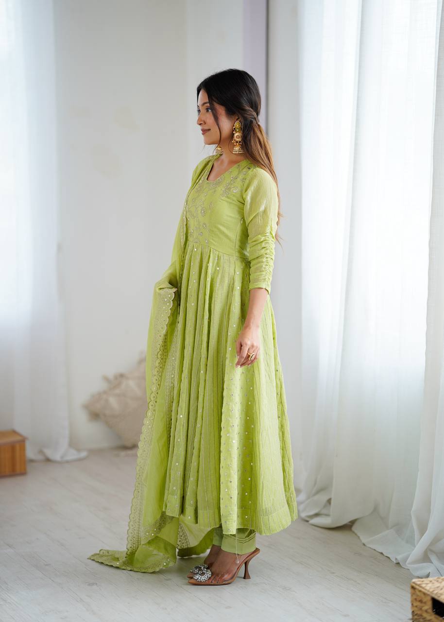 Pistachio Green Designer Crunchy Silk Anarkali Gown and Dupatta