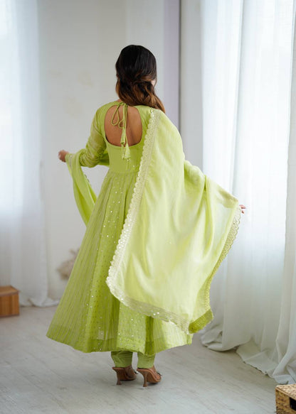 Pistachio Green Designer Crunchy Silk Anarkali Gown and Dupatta